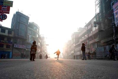 TIME TO PLAY: Children play in an empty road during the bandh called by CPN-Maoist in Kalimati chok on Tuesday morning.