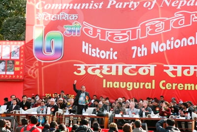 MASS GATHERING: CPN (Maoist) chairman, Mohan Baidya Kiran, addresses thousands of people gathering in Thundikhel to commemorate the 7th National Congress of the party on Wednesday morning.