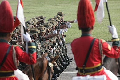 MEN IN GREEN: Nepal Army soldiers parade at Tudikhel during Fulpati celebrations, the seventh day of Dasain, on Friday.