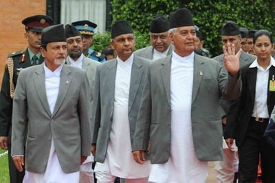 HERE I GO: Vice-president Paramananda Jha (left) departs from TIA on Tuesday to attend the First China South Asia Expo in Kunming, China.