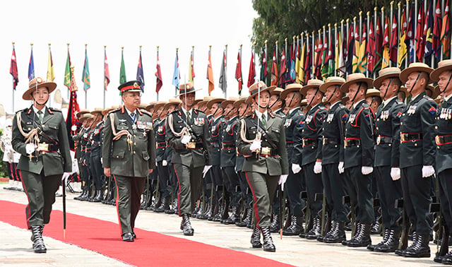 Chief of Army Staff Rajendra Chhetri inspects the Nepal Army Guard of Honour at Tribhuvan International Airport on Wednesday before flying to the United States.