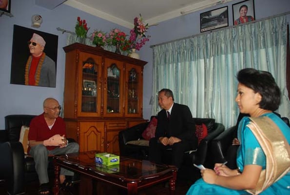 UML Chairman KP Oli with the Japanese Ambassador to Nepal Masashi Ogawa at Balkot on Tuesday.
