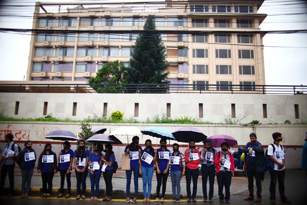 Students participate in a silent march in Baneswor on Thursday, organised in support of Govinda KC, who has been on a hunger strike for the last 12 days. KC is demanding reforms in the medical education sector and impeachment of CIAA Chief Lokman Singh Karki.