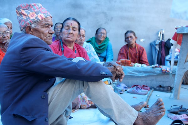 Senior citizens stage a sit-in protest demanding their rights at New Baneshwor on Monday. It has been 17 months since they began their protests.