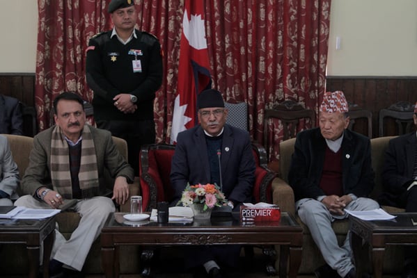 Prime Minister Pushpa Kamal Dahal unveils plans to expand insurance facilities for Nepali migrant workers during a press conference in his residence in Baluwatar on Tuesday.