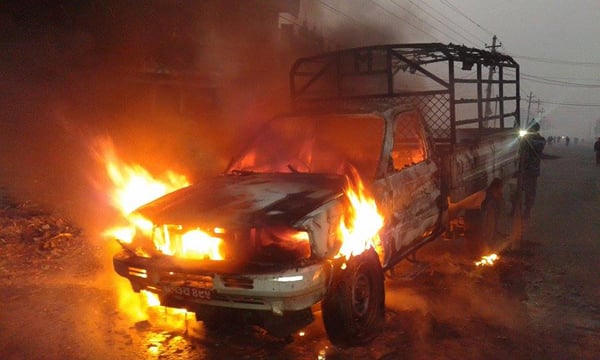 Madhesi protesters have torched a vehicle of Kantipur Publications in Birganj Sunday morning, blaming the media house for publishing news against them.