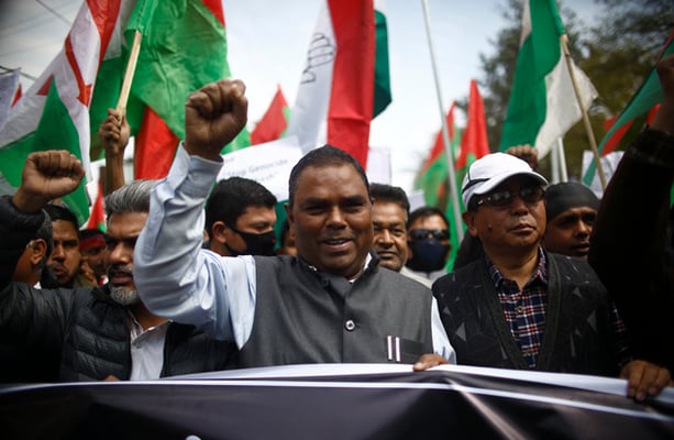 Madhesi Front leader Upendra Yadav leads a rally in Kathmandu on Thursday against the killings of four people in Saptari early this week.