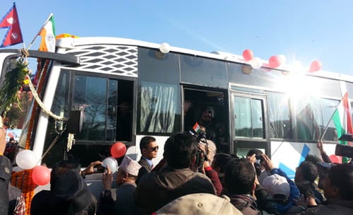 Transport minister Bimalendra Nidhi and Indian ambassador to Nepal Ranjit Rae flagged off Kathmandu-Varanasi-Kathmandu bus service on Thursday.