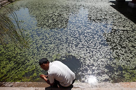 HANDS CLEAN : A man stops by a pond at Chapagaun, Lalitpur on Sunday afternoon.