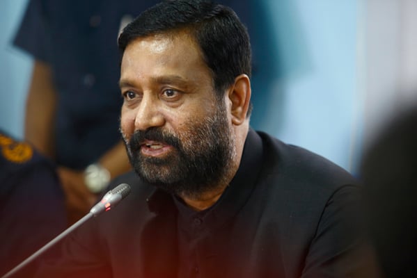 Deputy Prime Minister Bimalendra Nidhi speaks to the Press at Singha Darbar on Saturday regarding the local elections.