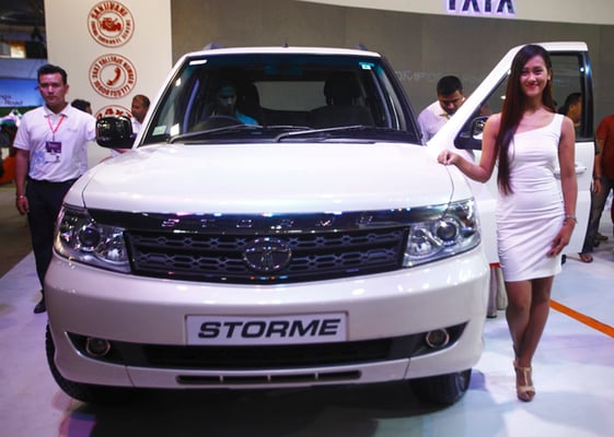 A model poses with TATA's Storme during the Nepal Automobile Dealers' Association (Nada) fair at Bhrikutimandap on Tuesday.