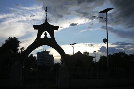 The silhouette of Shahid Gate without Dharara in the background on Monday evening.