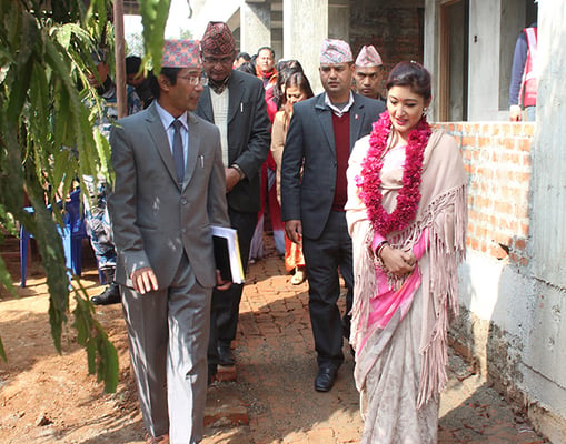 Former crown princess Himani Shah visits under construction Bhawani Secondary School in Palungtar, Gorkha on Saturday. The eight-classroom school is being constructed with the fund from Himani Trust, chaired by Shah.