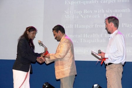HAIYA: Karate player Ganga Devi Adhikari is awarded Pulsar Player of the Year (Female) during a program at Academy Hall, Kamaladi on Tuesday.