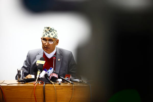 Finance Minister Bishnu Paudel releases the government's white paper on Nepal's economy following the Indian blockade at Singha Darbar on Tuesday.