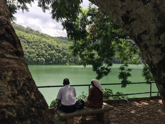 A couple by the Phewa Lake in Pokhara on Friday, where despite the monsoon there has been a spurt in Nepali Tourists.