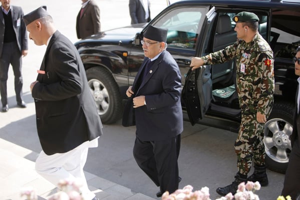Prime Minister Pushpa Kamal Dahal arrives in Parliament on Thursday to participate in a debate over the second constitution amendment bill. Later, the House was obstructed by the UML.
