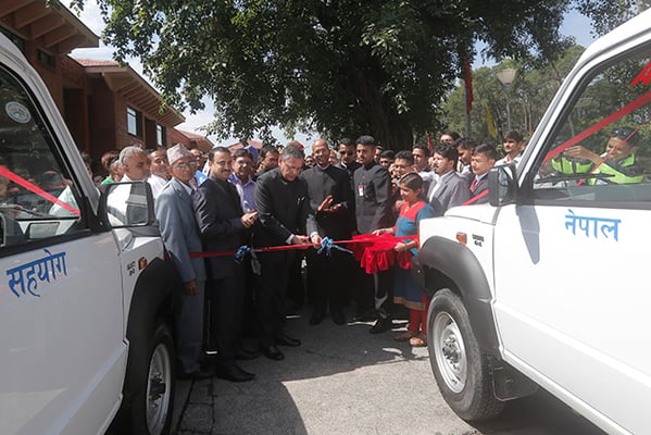 Indian Ambassador to Nepal Ranjit Rae hands over ambulances to various hospitals and non-profit organisations on the occasion of 70th Independence Day of India, at the Indian Embassy, Kathmandu on Monday.