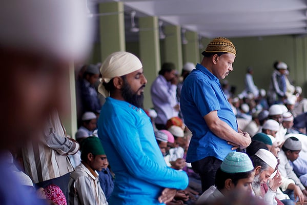 Muslims offer prayers of Ramadan at Kashmiri Mosque in Kathmandu on Friday.