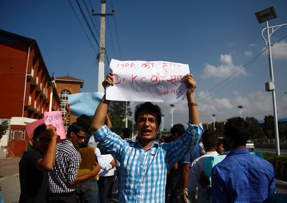 Students of TU Teaching Hospital take out a rally at Baneswor in support of Dr Govinda KC on Saturday.