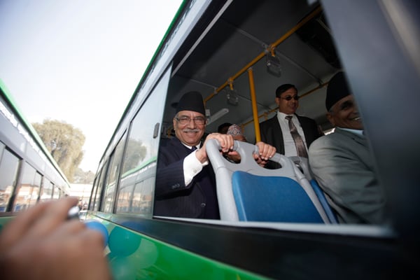 Prime Minister Pushpa Kamal Dahal goes to Singha Darbar by a new Sajha Yatayat bus. Sajha Yatayat has added 30 new buses to its fleet, which were inaugurated by Dahal amidst a ceremony in Pulchowk on Sunday.