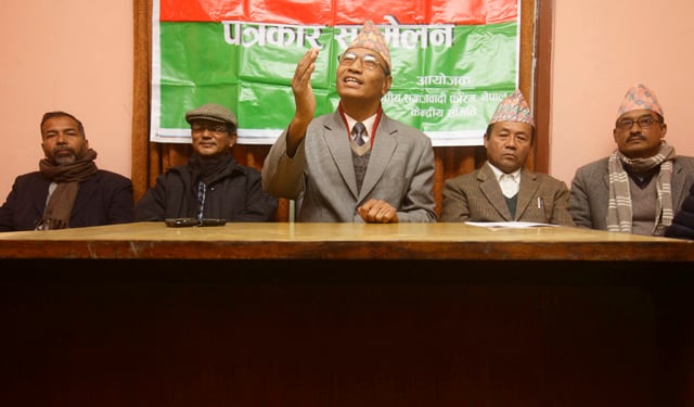 Federal Socialist Forum Nepal, a constituent member of the Madhesi Front, announces capital-centric protests at a press conference in Kathmandu on Monday. The Front has rejected the first amendment to the Constitution, and has refused to call off border-centric protests.