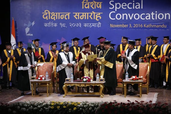 Kathmandu University confers honorary degree on Indian President Pranab Mukherjee at an special ceremony on Thursday. On the second day of his Nepal visit, Mukherjee also offered prayers at Pasupatinath Temple.