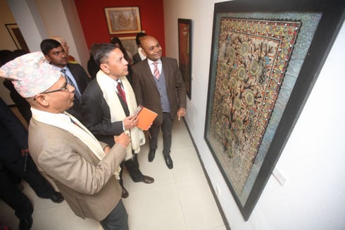 MITHILA CALLING: Indian Ambassador to Nepal Ranjit Rae (center) visits SC Suman’s (left) Mithila Cosmos exhibition at Siddharth Art Gallery Kathmandu on Tuesday.