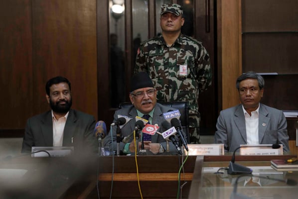 Prime Minister Pushpa Kamal Dahal briefs the media during a press conference organised to talk about his government's first 100 days in office in Kathmandu on Friday.