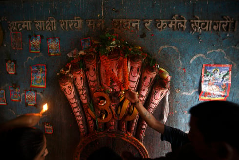 HISS: Hindu devotees offer flower to the Snake God during Nag Panchami festival at Nag Pokhari on Sunday.