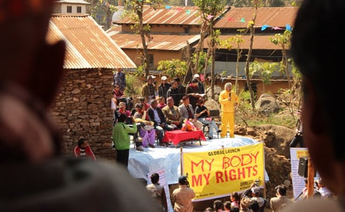 RIGHT CHOICE: Human rights activist Krishna Pahadi speaking in the Amnesty International's global campaign launch of My Body My Rights in Samudratar, Nuwakot on Thursday.