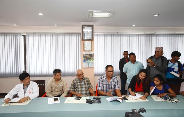 Doctors at Om Hospital, Kathmandu brief journalists about health condition of Nepali Congress General Secretary Shashank Koirala at a hastily called press conference on Wednesday. Koirala is 'critically ill' and has been put on ventilator support.