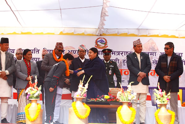 President Bidya Devi Bhandari bids farewell to Nepali national players participating in the 12th South Asian Games being held in India at Dasrath Stadium, Kathmandu on Monday.