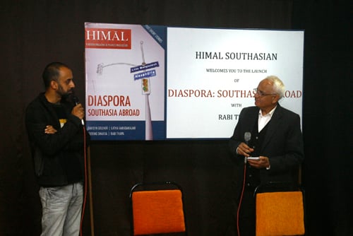 Editor of Himal Southasian Kanak Mani Dixit (right) with Rabi Thapa during the launch of their new issue 'Diaspora: South Asia Abroad' at the City Museum on Friday.