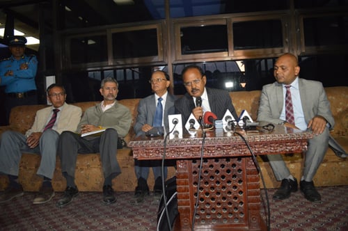 India's National Security Adviser Ajit Doval at a press meet on Friday in Kathmandu after visiting Barpak, the epicenter of the 25 April earthquake.