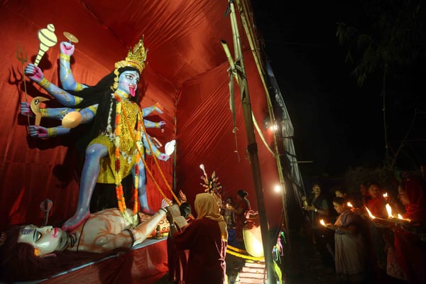 Devotees perform the Durga puja on the occasion of Ghatasthapana at Kupondole on Thursday.