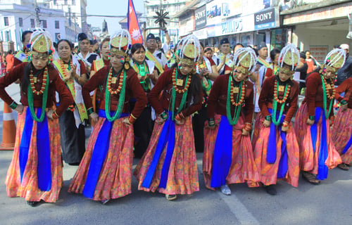 Girls perform traditional Gurung dance at a rally organised on the occasion of Lhosar at Basantapur on Tuesday.