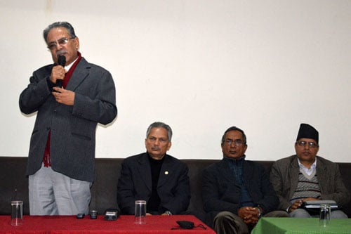 UCPN (M) Chair Pushpa Kamal Dahal addresses a news conference held in Kathmandu on Wendnesday.