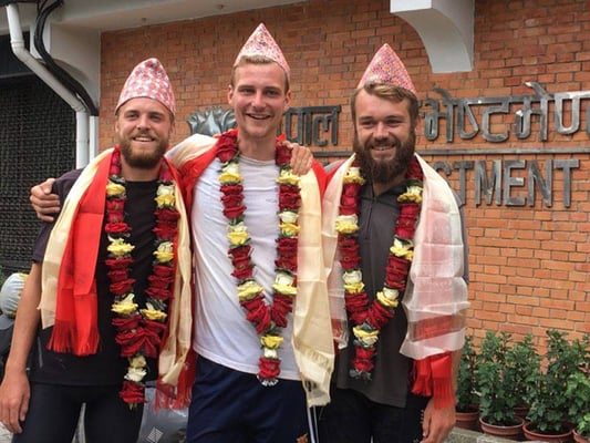 Philip Hunter, Rory Buckworth and Sam Day arrive in Kathmandu after completing a 7000 km cycle journey on Saturday. The trio cycled from Shanghai to Kathmandu via Myanmar to raise funds to build a rehabilitation centre for Nepali children who have been trafficked into slavery.