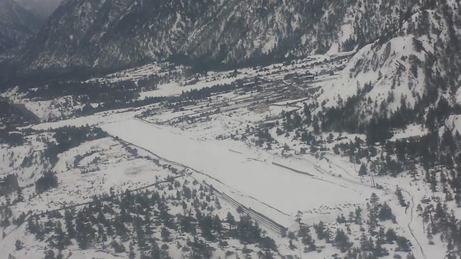 An aerial view of a snowbound Humde Airfield in Manang on Sunday. Snowfall and rain has broken a long dry spell in Central Nepal.
