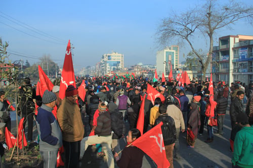UCPN(Maoist) cadres stage a protest in Koteshwor during the general strike called on Tuesday.