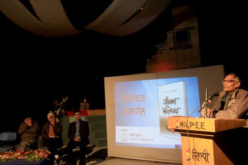 CK Lal (right) gives a talk during the launch of 'Jiwan Katipaya', a collection of essays by journalist Janakraj Sapkota at Shilpee Theatre on Monday.