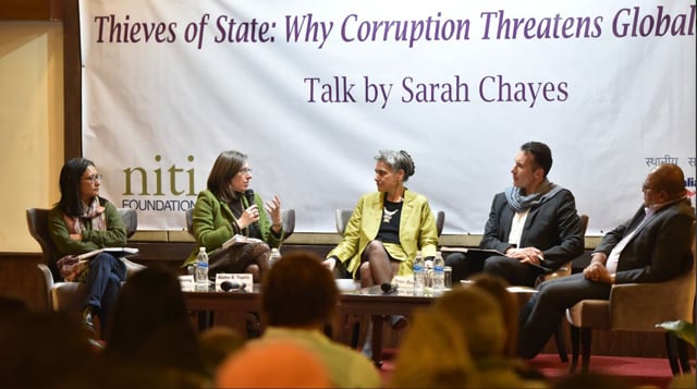 Award-winning author of book on corruption, Sarah Chayes at a panel organised on 19 January by the Niti Foundation and Asia Foundation on the threats to democracy from corruption. (From left to right) Seira Tamang of Martin Chautari, US Ambassador Alaina Teplitz, Sarah Chayes, Australian Ambassador Peter Budd and economist Sujeev Shakya.