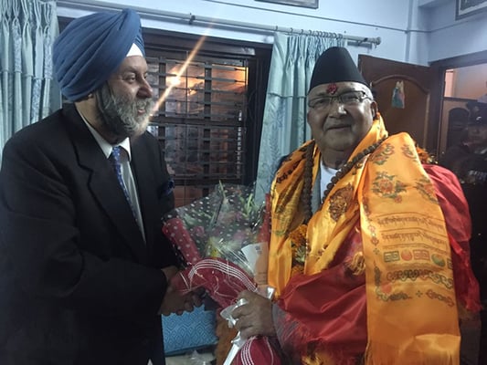 Ambassador of India to Nepal Manjeev Singh Puri calls on the newly appointed Prime Minister KP Oli to offer his best wishes and deliver a letter of congratulations from Indian prime minister Narendra Modi.