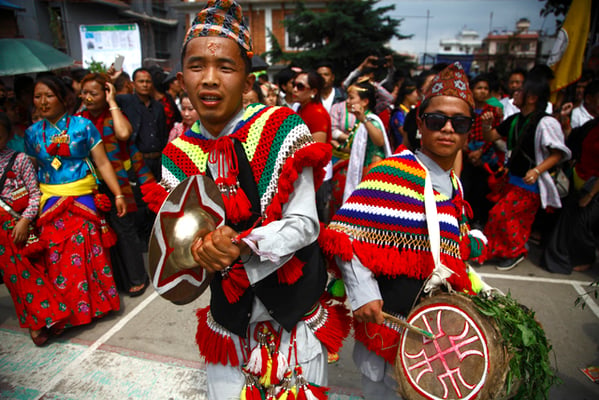 Members of the Kirat community perform a ritual dance, Sakela, to celebrate the Ubhauli festival in Nakhipot, Lalitpur on Saturday.