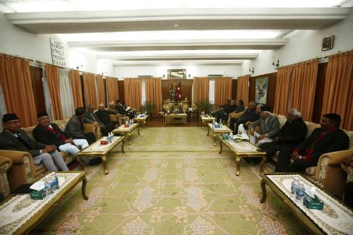 Leaders from the four major political parties Nepali Congress, CPN-UML, UCPN (Maoist) and Madhes based parties holding a meeting at the Prime Minister's residence in Baluwatar on Monday.