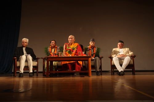 Radha Paudel (second, left) and Shiva Regmi (second, right) being awarded this year's Madan Literature Prize and Jagadamba Shree Puraskar respectively. In the centre is Buddhist Monk Nangwang Sherpa.