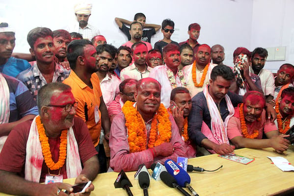 Birganj's newly elected mayor Bijaya Sarawagi during his first press conference on Wednesday. Sarawagi of Federal Socialist Forum Nepal (FSFNP) received 19,393 votes to lead the only metropolitan city of Province 2, where the final phase of local elections was held on 22 September.