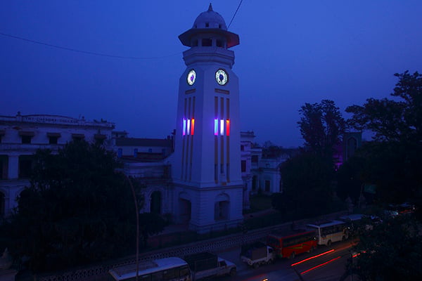 Artist Neon Bodhi's colored light installation 'Paris to Parsa' at Ghantaghar clock tower. Created after the Paris attacks, the installation is an expression of solidarity for humanity and against violence. It is being curated by City Museum.