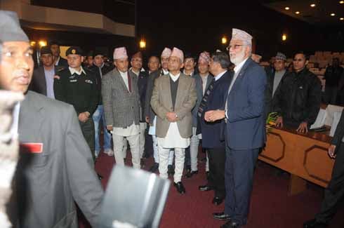NEW OLD LOOK: Chairman of Interim Election Council Khil Raj Regmi (centre) inspects the Constituent Assembly building at Baneshwor on Tuesday.